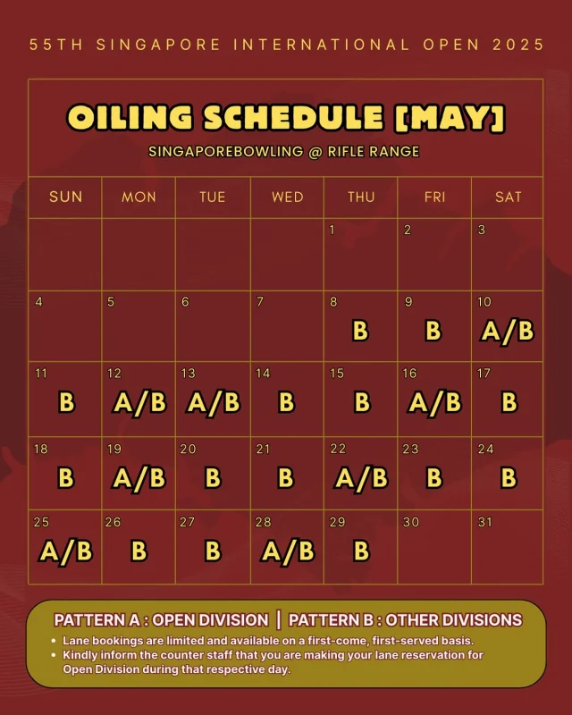 We’re excited to announce that bowlers can now train at the official competition venue for the upcoming 55th Singapore International Open! 

This is a great chance for you to get accustomed to the lane conditions and environment before the tournament begins. Refer to the official oiling schedule provided by our bowling center to plan and book your training sessions accordingly.