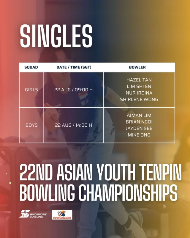 [22nd Asian Youth Tenpin Bowling Championships]

It’s game time! 🎳🔥

Our Team Singapore youth bowlers hit the lanes for the SINGLES EVENT at the 22nd Asian Youth Tenpin Bowling Championships! 💥💪

Let’s bring the heat, own the lanes, and show Asia what we’re made of 🇸🇬⚡️ All the best to our warriors in red.. eyes sharp, arms steady, and hearts ready. 

LET’S GO TEAM SINGAPORE!! 💪

🔗 Click link in bio for tournament information!

#oneteamsg #ayc