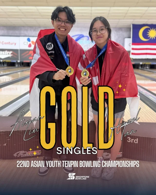 [22nd Asian Youth Tenpin Bowling Championships]

🇸🇬✨ After decades, SINGAPORE STRIKES GOLD not once but TWICE at the Asian Youth Tenpin Bowling Championships! 🏆🏆

🎳 Hazel kicked things off with a 178, but came back STRONG with fire scores of 237-236-237-224-216 to top the charts with a 1328 total and a 221.3 average — bringing home our first Girls Singles Gold since 1985! 💥👑 

🎳 Aiman was on a roll from the start with a 246 opener, and sealed the deal with a massive 249 final game to climb into 1st — finishing with 1436 pinfalls and clinching our first Boys Singles Gold since 1999! 🔥🥇

A golden day for Singapore bowling — DOUBLE THE PRIDE, DOUBLE THE VICTORY! 🇸🇬❤️

Special thanks to our amazing sponsors for
making it possible - @canonsingapore,
@songhe.rice, Khingdom, and @singaporeair. ✨

And to SportSG, HPSI, friends and family, your
unwavering support throughout the years has
been the backbone of our success. We couldn’t
have done it without you! ❤️🤍

🤨 Fun fact: Singapore last won the Girls’ Singles gold at the Asian Youth Championships in 1985 with Adelene Wee, and the Boys’ Singles gold in 1999 with Lim Zhong.

🔗 Click link in bio for tournament information!

#oneteamsg #ayc