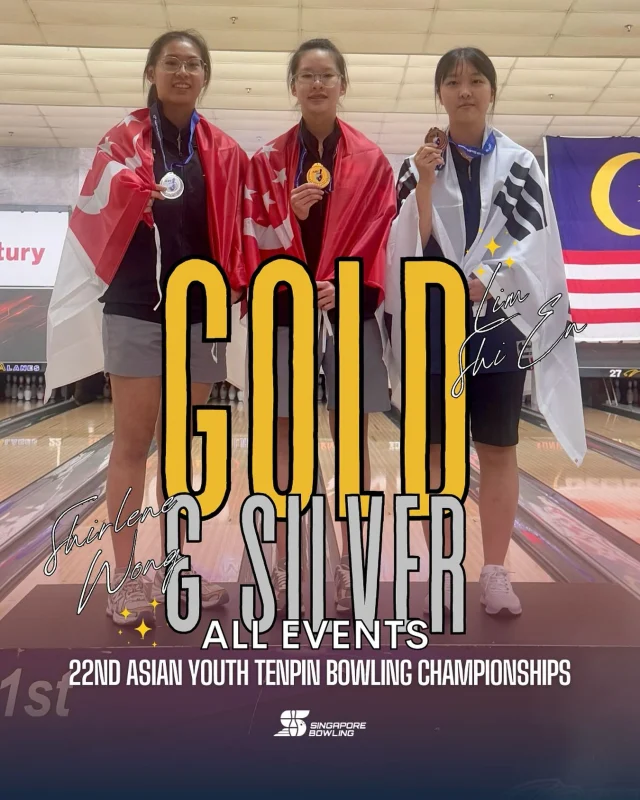 [22nd Asian Youth Tenpin Bowling Championships]

🥇✨ ANOTHER GOLD FOR SINGAPORE! 🇸🇬🎳
After 18 games, Lim Shi En strikes her way to the Girls All-Events Gold Medal at the 22nd Asian Youth Tenpin Bowling Championships! 🔥

📊 Singles: 1244
📊 Doubles: 1254
📊 Team: 1330
➡️ Total: 3828 pinfalls | Avg: 212.67

This is Shi En’s THIRD GOLD MEDAL 🥇 and Team Singapore’s FIFTH GOLD MEDAL 5️⃣🥇 of the championships! 💪🏆

👏 Teammate Shirlene Wong, who was just 6 pins behind with a stellar 3822 pinfalls (Avg: 212.33) claimed the silver medal. 🥈

And that’s not all — ALL 4 Singapore girls are through to the Masters Top 16! 🙌
🔹 Irdina – 6th
🔹 Hazel – 11th
🔹 Shirlene & Shi En – leading strong!

Masters Block 1 rolls off tomorrow at 9AM SGT — let’s go Team Singapore! 🇸🇬 ❤️🤍

🙏 Huge appreciation to our incredible sponsors — @canonsingapore, @songhe.rice, Khingdom, and @singaporeair — for powering this journey and making it possible.

To SportSG, HPSI, our friends, and families: your constant encouragement and steadfast support over the years have been the foundation of our achievements. This victory wouldn’t have been possible without you. ❤️🤍

🔗 Click link in bio for tournament information.

#oneteamsg #ayc