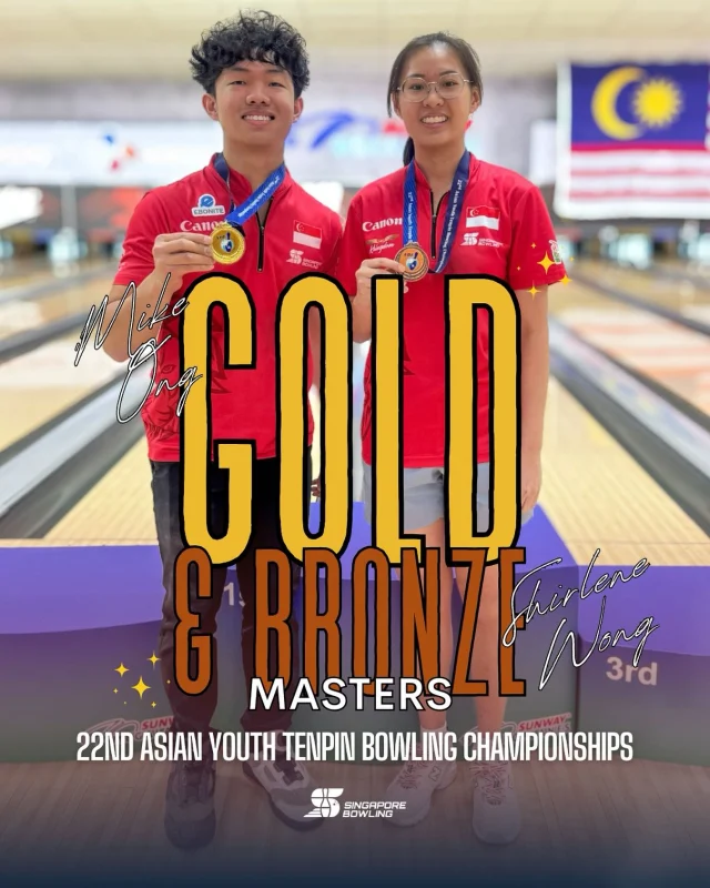 [22nd Asian Youth Tenpin Bowling Championships]

🎳✨ ANOTHER GOLD FOR TEAM SINGAPORE! ✨🎳

After 18 games in the All Events, Mike Ong finished 9th with 3850 pinfalls (avg 213.89) to qualify for the Masters Top 16.

In Masters Block 1, Mike placed 7th with 1804, falling 107 pins short of the top 3 cut. But he came back strong in Block 2, adding 1832 for a total of 3636 to climb into 3rd seed. 🔥

From there, Mike was unstoppable:
⚡ Semi Final: Beat Korea’s Shin Ji Ho 202 - 198
⚡ Stepladder Final 1: Beat Japan’s Fumine Suda 248 - 246
⚡ Stepladder Final 2: Beat Suda again 216 - 203

🏆 Result: Mike clinches his first gold medal AND Singapore’s 6th GOLD of the championships — the Boys Masters Champion! 🇸🇬✨

On the Girls side, Shirlene Wong also shone brightly. She finished 2nd in All Events with 3822 pinfalls (avg 212.33) to qualify for the Masters.

In Block 1, she scored 1773 (just 1 pin away from top 3!), then fought on in Block 2, adding 1701 for a total of 3474 to secure 2nd seed. In the stepladder semi finals, she faced Korea’s Lee Da Eun, but despite her strong fight, Shirlene fell 162 - 201, securing the Girls Masters Bronze medal 🥉 — her third medal of the tournament! 👏✨

💥 Medal Tally so far:
🥇 6 Gold – Girls Singles, Boys Singles, Girls Doubles, Girls Team, Girls All Events, Boys Masters
🥈 1 Silver – Girls All Events
🥉 1 Bronze – Girls Masters

Huge congratulations to Mike, Shirlene & Team Singapore for their incredible fight on the lanes!

#oneteamsg #ayc