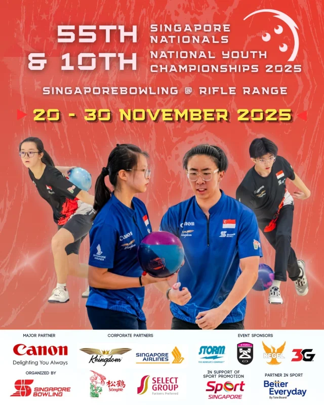 [55th Singapore Nationals & 10th National Youth Championships 2025]

Join us at the 55th Singapore Nationals and 10th National Youth Championships, from 20 to 30 Nov 2025, at SingaporeBowling @ Rifle Range.

Visit our website for more information on the most prestigious local Bowling Tournament, for full tournament schedule, rules and regulations, prize table, and a special rule that we are implementing for the first time!

Registration link and further details will be shared soon. Stay updated by following our website, Telegram channel, and other social media profiles on Facebook and Instagram.

Public registration starts on 2 Oct 2025.