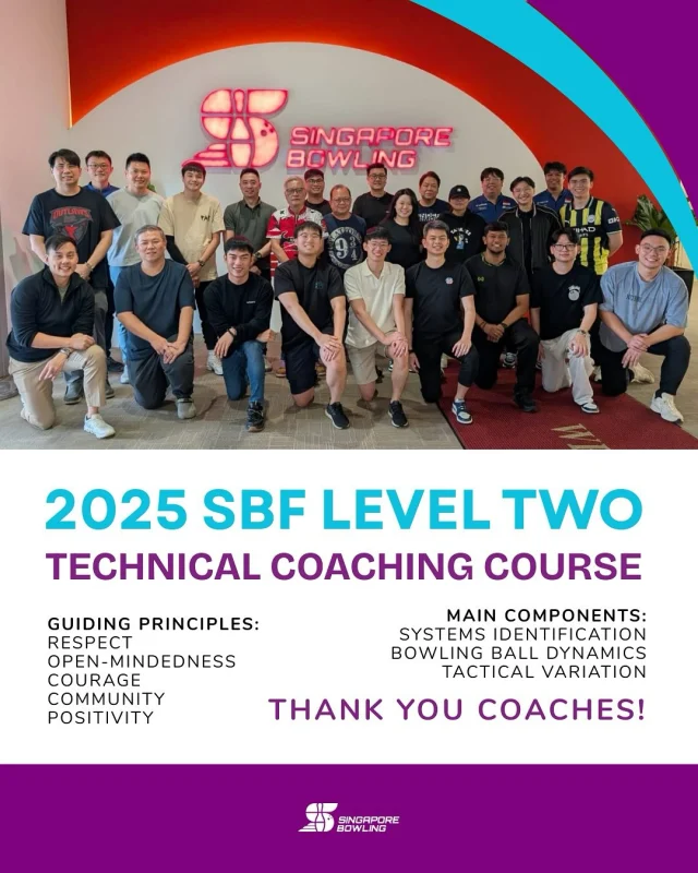 The 2025 SBF Level Two Technical Coaching Course commenced by establishing a strong foundation of collaborative Guiding Principles: Respect, Open-mindedness, Courage, Community, and Positivity. These core values set the tone for an immersive five-day learning journey.

Under the enthusiastic guidance of Coach Vincent, participants delved into advanced topics central to coaching:

•	Systems Identification
•	Bowling Ball Dynamics
•	Tactical Variations

A significant focus was placed on practical application through extensive video analysis. This hands-on practice was instrumental in helping coaches develop a “Coaches’ Eye,” enabling them to accurately identify technical systems with or without technological aids.

The course extended beyond technical knowledge to address on “Building a Positive Culture in Our Sport.” A heartfelt thank you to Coach Jason for his genuine and much-appreciated sharing.

Our goal was not merely to pass an exam, but to transform and upgrade each coach’s ability to observe, analyse, and guide their athletes.

Ultimately, this course marks a successful step forward in fostering a more collaborative and reflective coaching environment. By moving away from a judgemental approach and towards a mindset that rewards small wins, our coaches are now better equipped to nurture growth and excellence in every athletes’ journey.

#coaching #bowling #singapore #technical