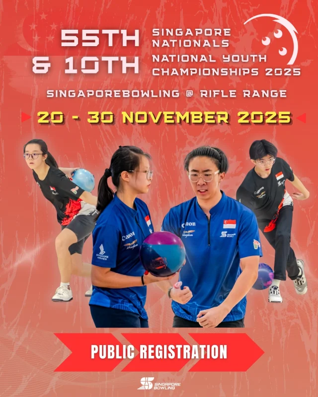 Public registration for the 55th Singapore Nationals & 10th National Youth Championships 2025 has officially open! 

All entries will be based on first-come, first-served basis and must be submitted to us by 30 October 2025, 2359hrs.

Thank you and see you on the lanes! 🎳