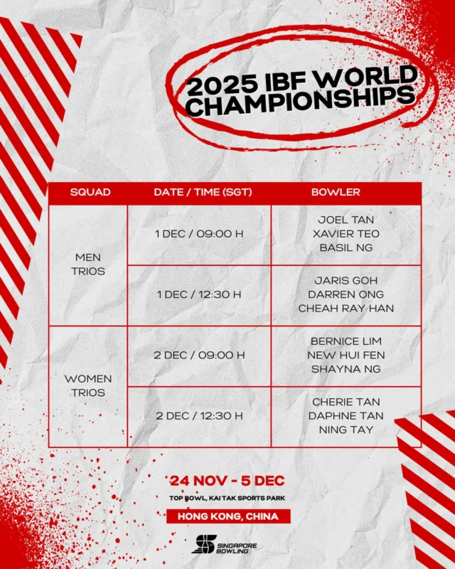 [2025 IBF World Championships]

🎳 NEXT UP: TRIOS QUALIFYING! 🎳

Team Singapore is ready to bring the heat as they roll into the trios qualifying event at the 2025 IBF World Championships! 🔥

It’s all about teamwork, precision, and going for strikes, spares, and a step closer to the finals! 💪🏆 Let’s cheer them on as they take on the world together! 🌏✨

🔗 Click link in bio for tournament information!

#oneteamsg #singapore #bowling #worldchampionships #ibf