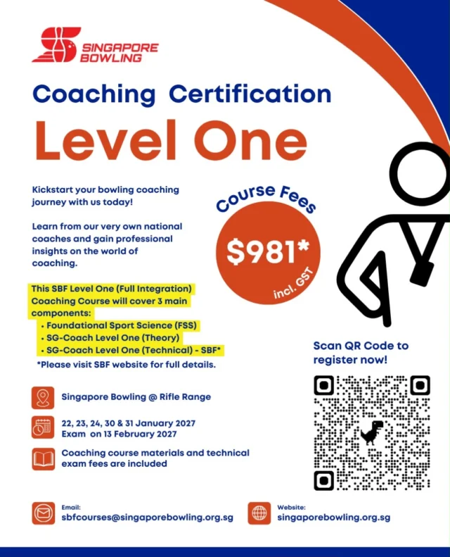 🚨Registration for the SBF Level One (Full Integration) Coaching Course is officially OPEN! 🔥🎳

What are you waiting for? Don’t miss this chance to kickstart your bowling coaching journey with us! - sign up now via the QR Code or link available on our website. ✨

#coaching #singapore #bowling