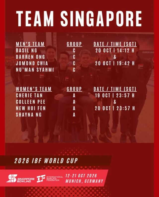 🎳🇸🇬 TEAM | 2026 IBF WORLD CUP 🇸🇬

Check out the Team event line-up and bowling schedule for our TeamSG bowlers competing at the 2026 IBF World Cup in Munich, Germany. 🇩🇪🌍

Get ready to cheer on our bowlers as they come together, battle it out and represent Singapore on the world stage! 💪🎳

🇸🇬 Let’s go, Team Singapore!

#oneteamsg #singapore #bowling #ibf #sg